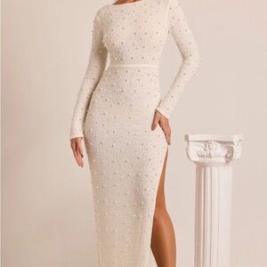 Oh Polly Embellished Long Sleeve Backless Maxi Dress in White